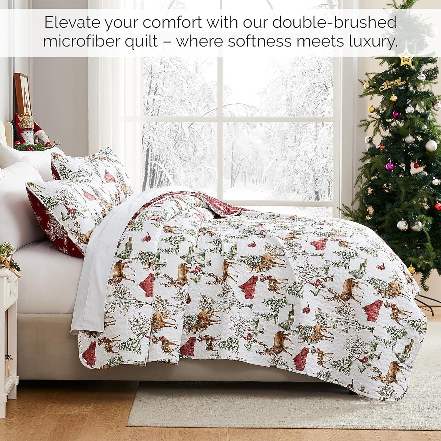 White and Red Reversible Christmas Twin Microfiber Quilt Set