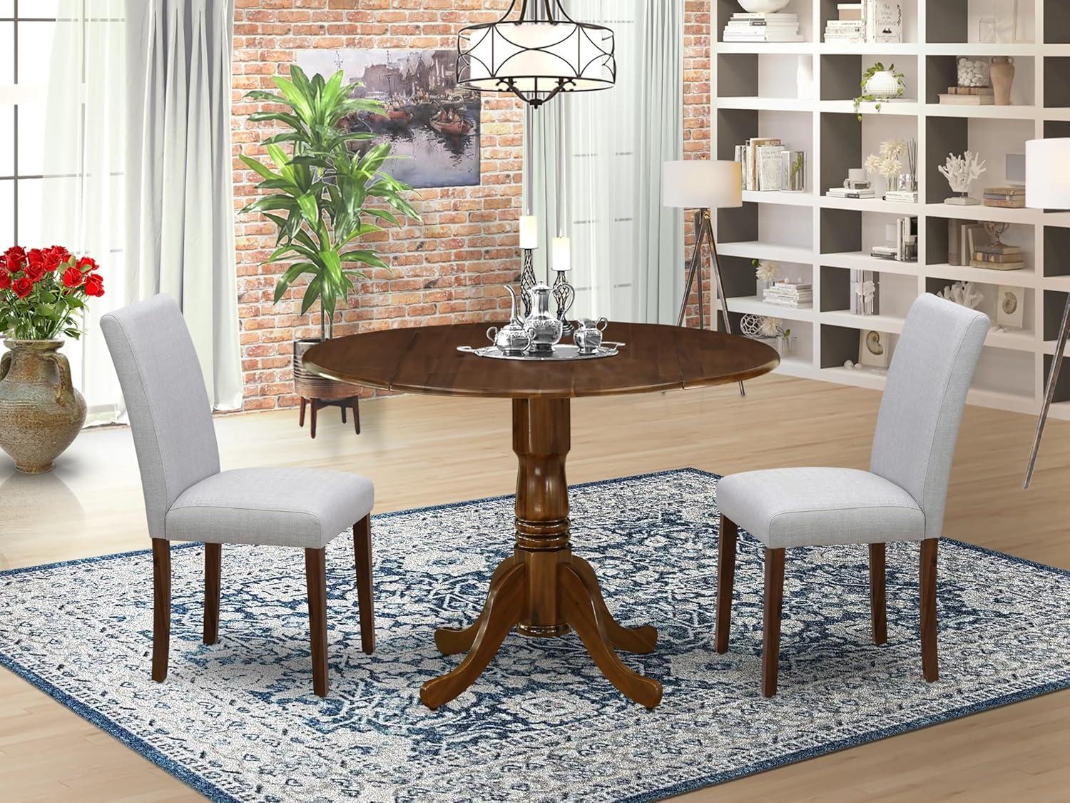 Antique Walnut Round Pedestal Dining Table with 2 Upholstered Chairs