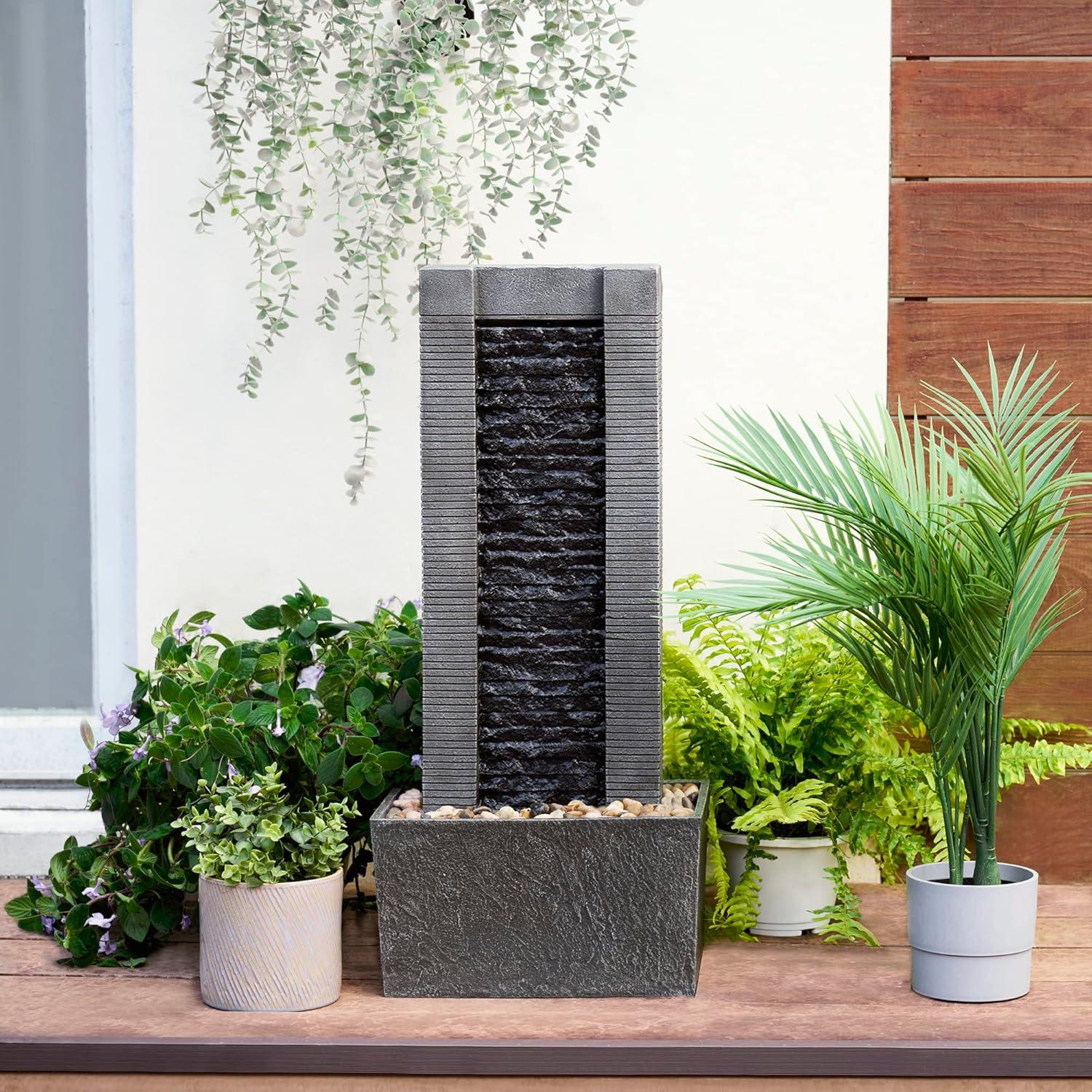 Wrought Studio™ Outdoor Water Fountain for Garden, Patio or Backyard-Freestanding Stone Design with Waterfall Feature & LED Lights