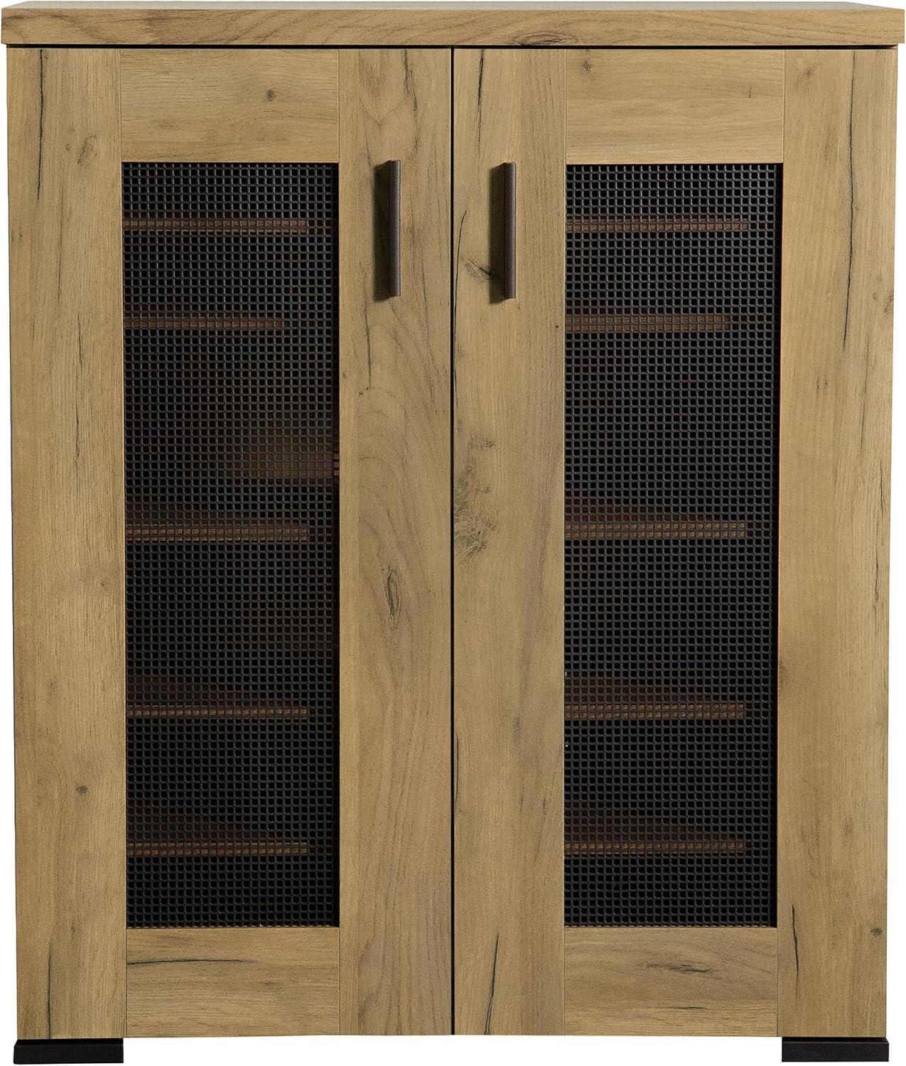 Golden Oak and Gunmetal Mesh Door Accent Cabinet