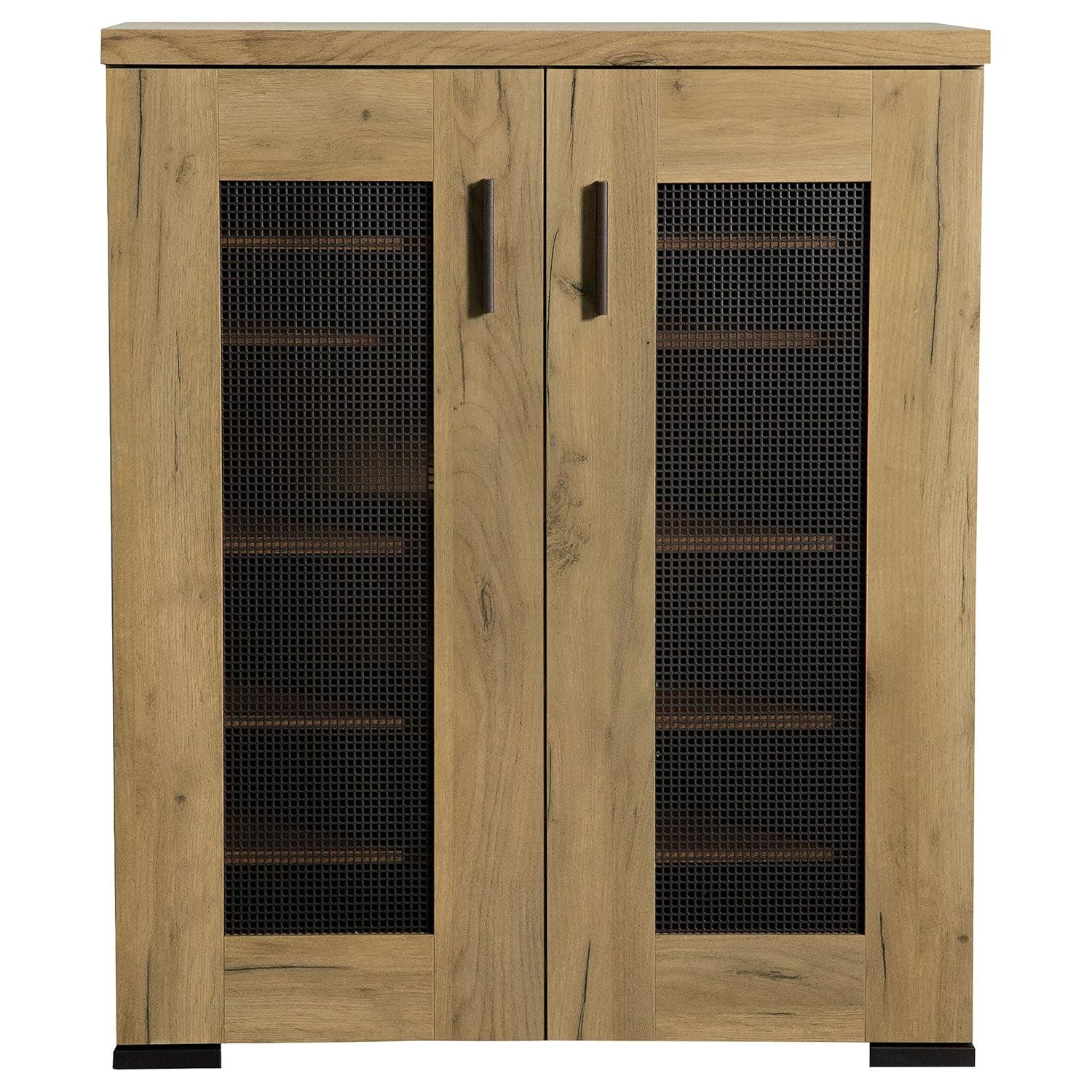 Golden Oak and Gunmetal Mesh Door Accent Cabinet