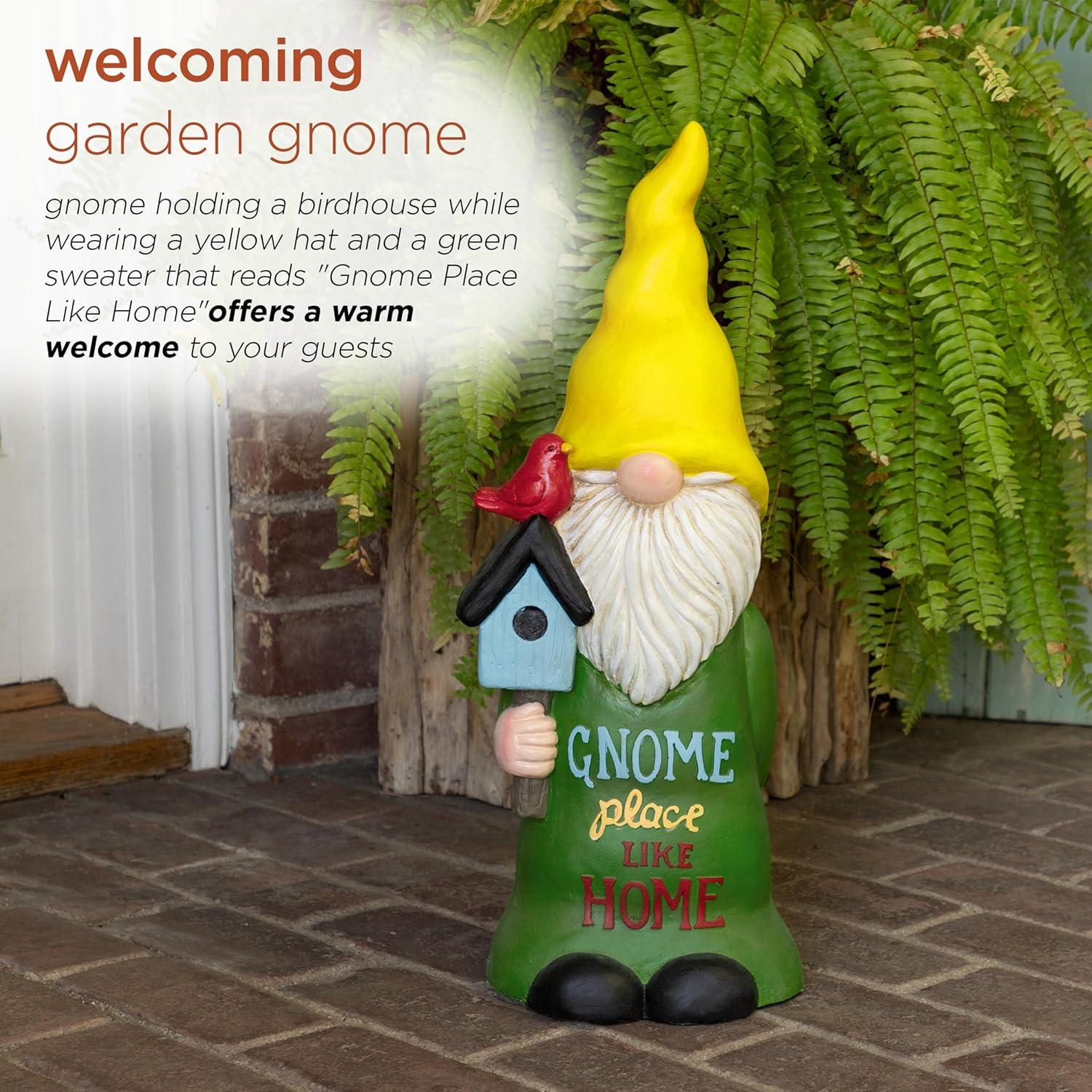 24" Magnesium Oxide "Gnome Place Like Home" Indoor/Outdoor Garden Gnome Statue Green/Yellow - Alpine Corporation
