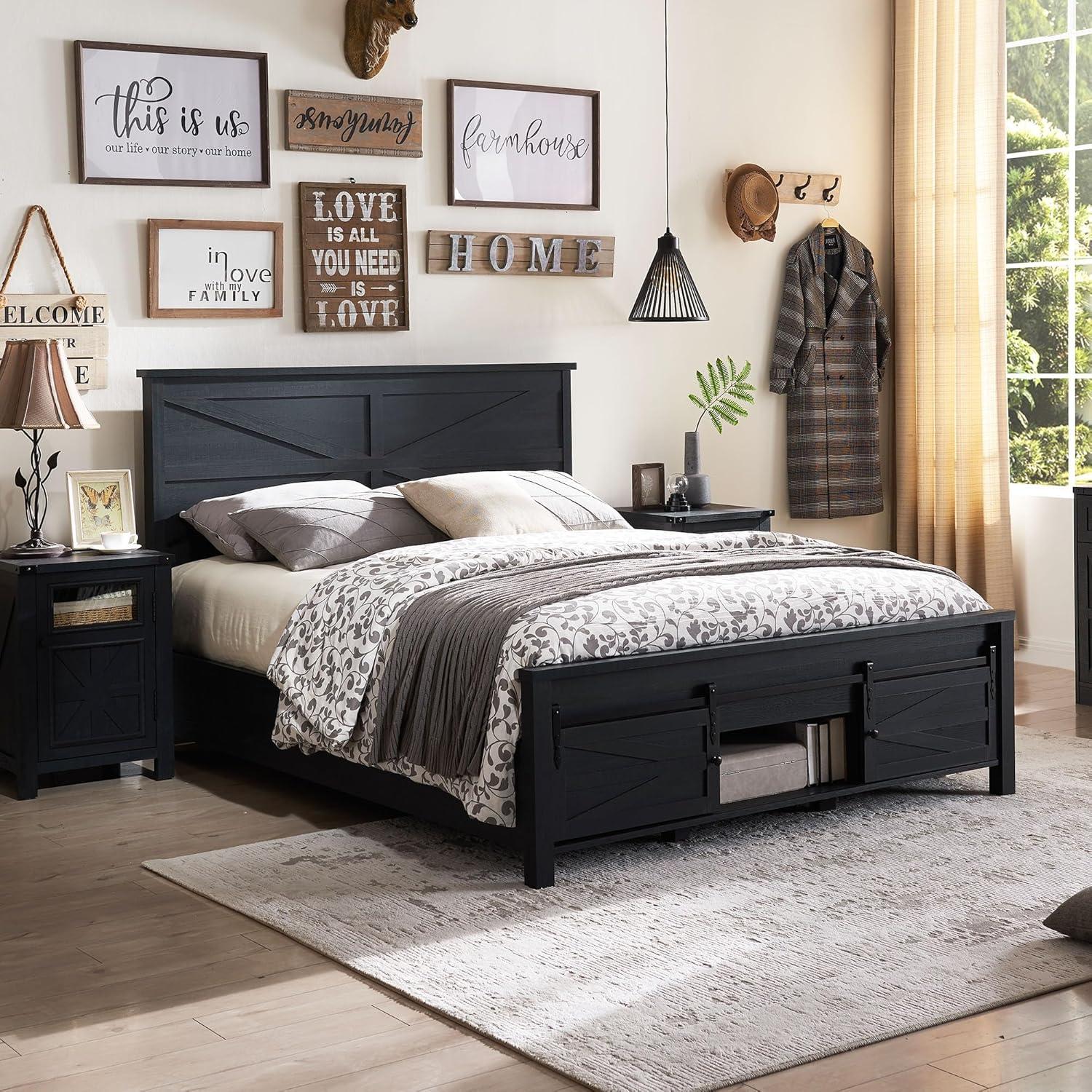 Argana Farmhouse Wood Bed Frame with Headboard and Sliding Barn Door Storage Cabinets