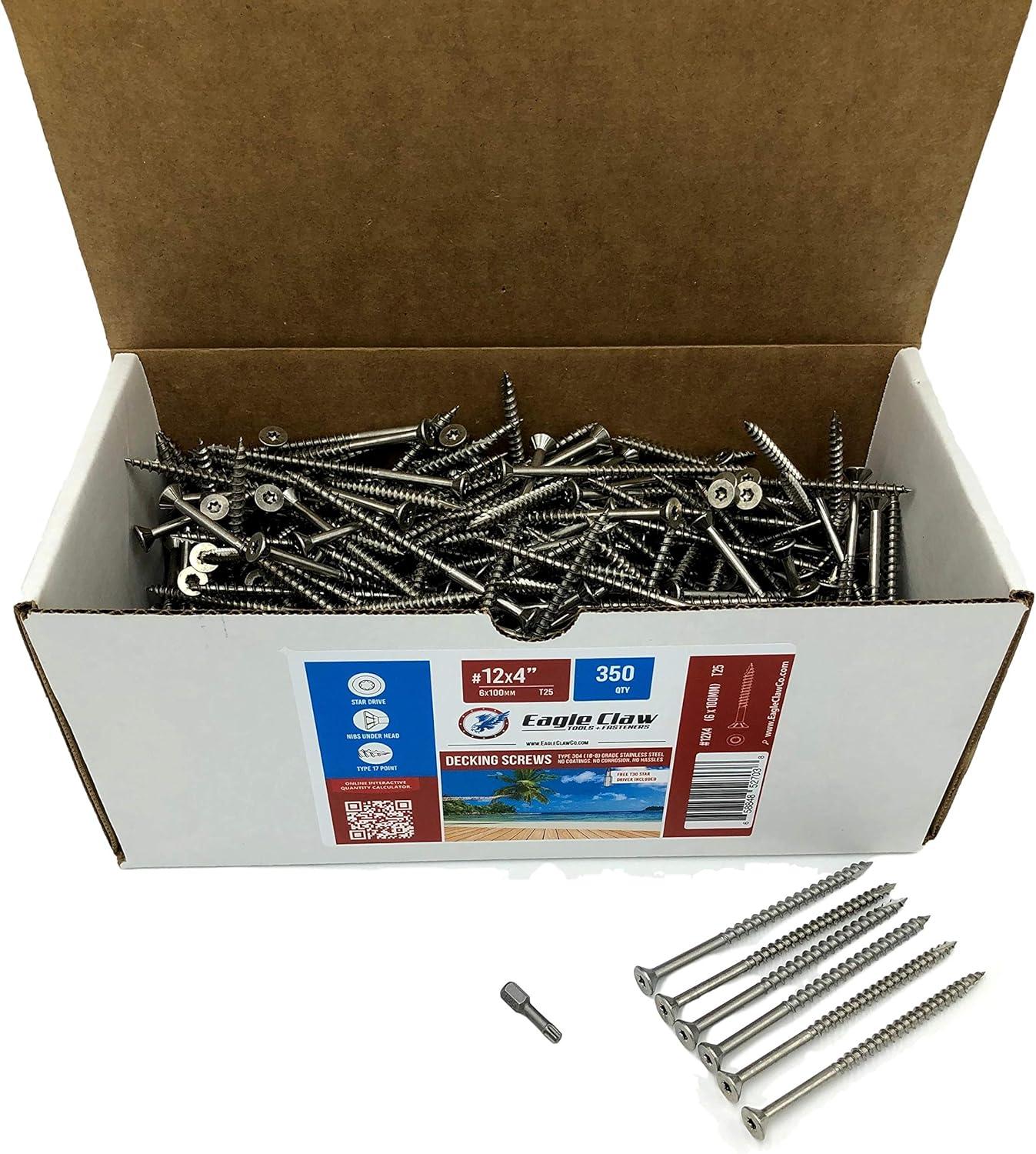 #12 x 4 Inch 305 Grade Stainless Steel Construction Screws 350 Pieces | T25 Star Torx Drive Flat Head Type 17 Point | Stainless Steel Wood Screws by Allen's Trading Co. Eagle Claw Fasteners