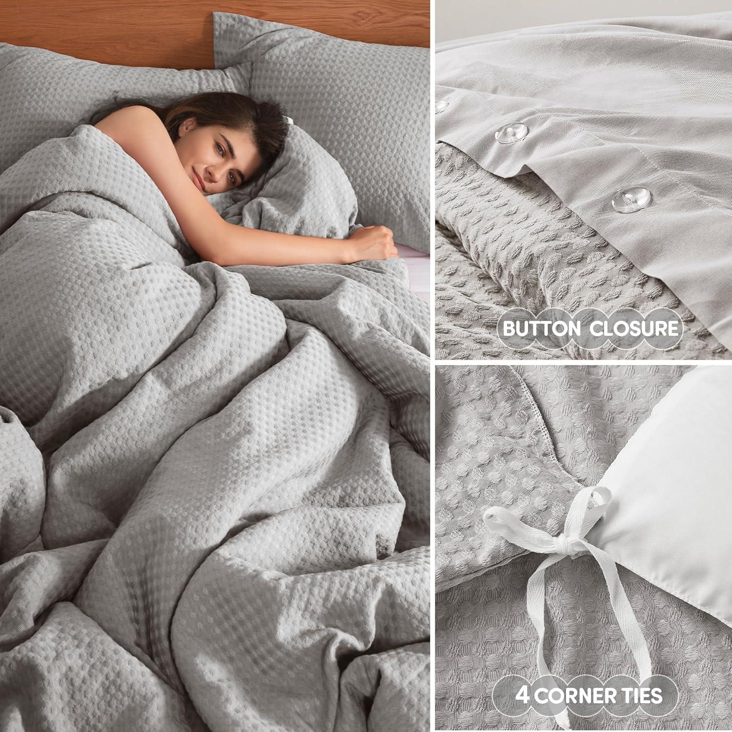 Light Grey Waffle Weave Microfiber Queen Bedspread Cover Set