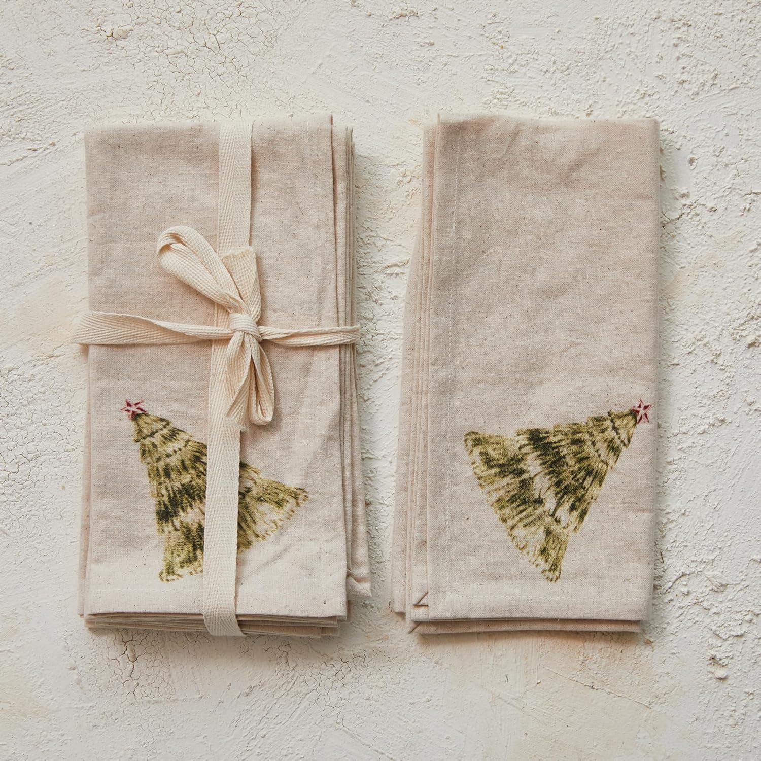 Natural Cotton Christmas Tree Printed Napkins, Set of 4