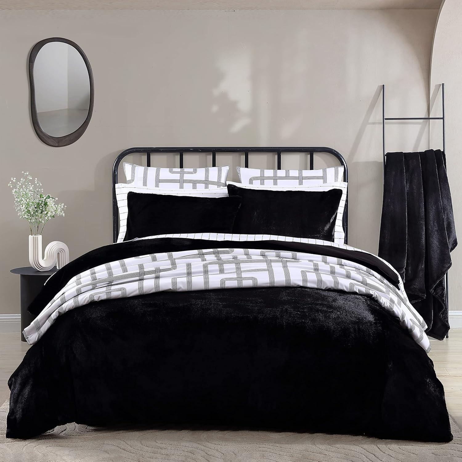 King Black Faux Fur Reversible Duvet Cover Set