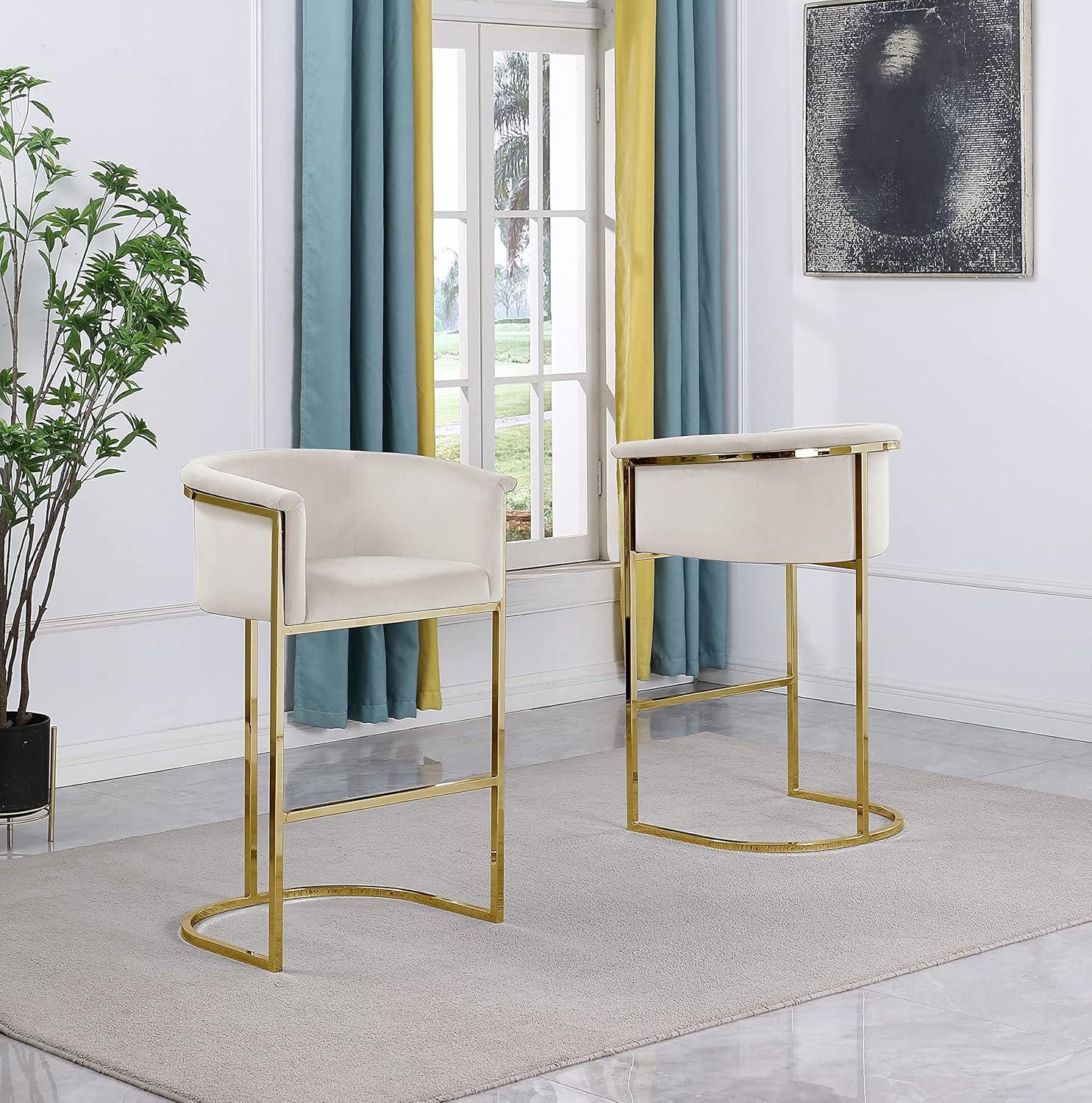 Cream Velvet Barstool with Gold Metal Base