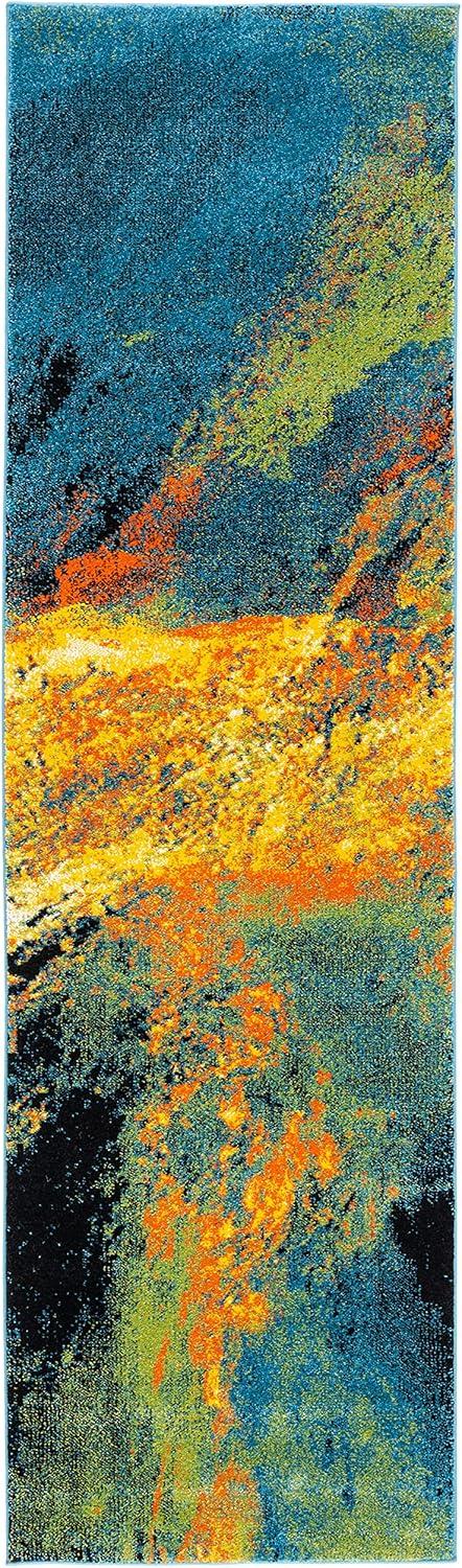 Stellar Abstract Blue and Yellow Easy-Care Synthetic Rug