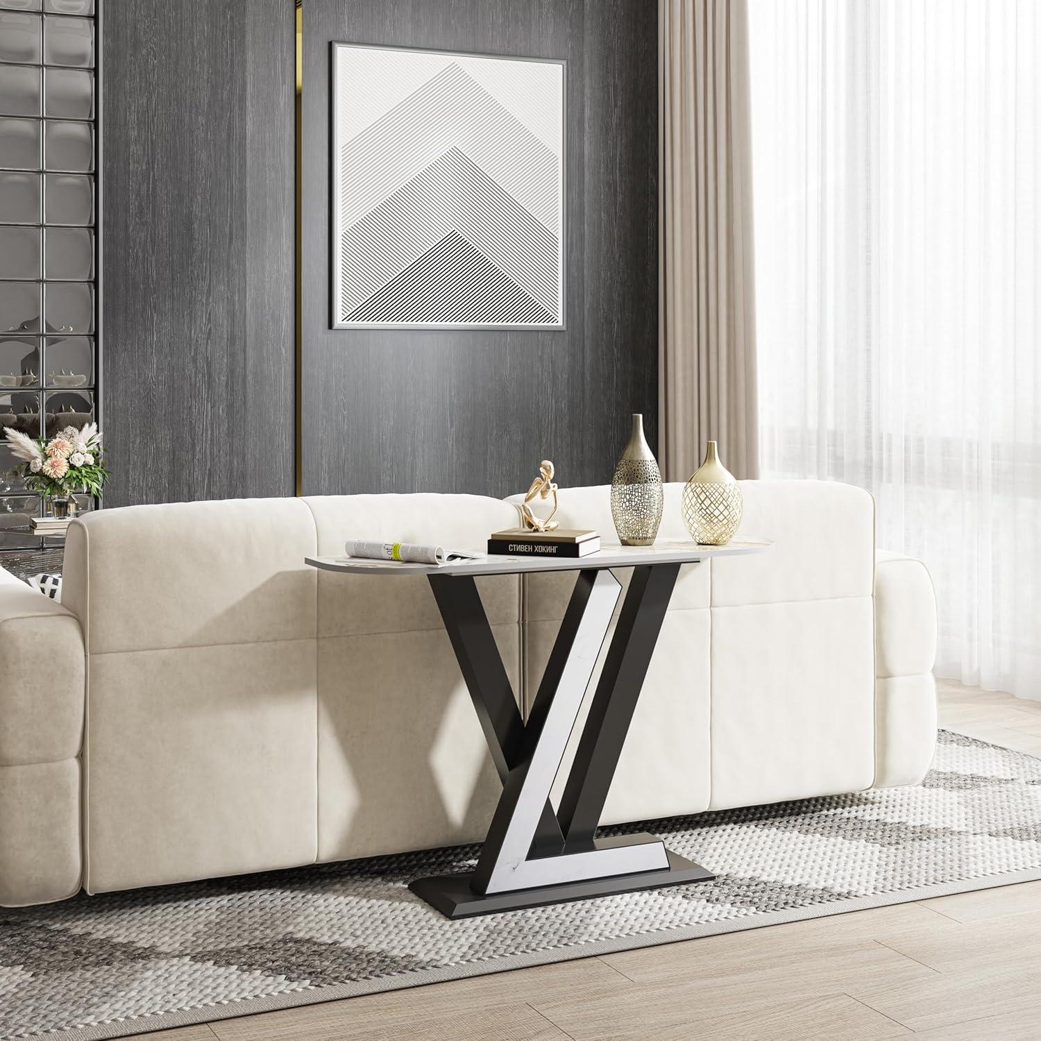 47.24'' Modern Console Table, Sintered Stone Narrow Entryway Table with Geometric Shape Metal Base for Entrance, Living Room, Hallway