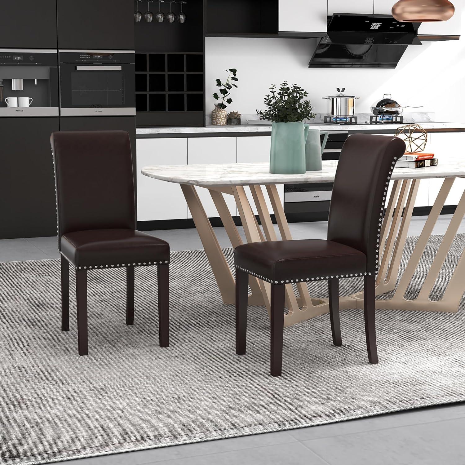 Colamy Black Upholstered Wood Legs Parsons Leather Dining Chairs with Nail head Trim Set of 2 for Dining Room