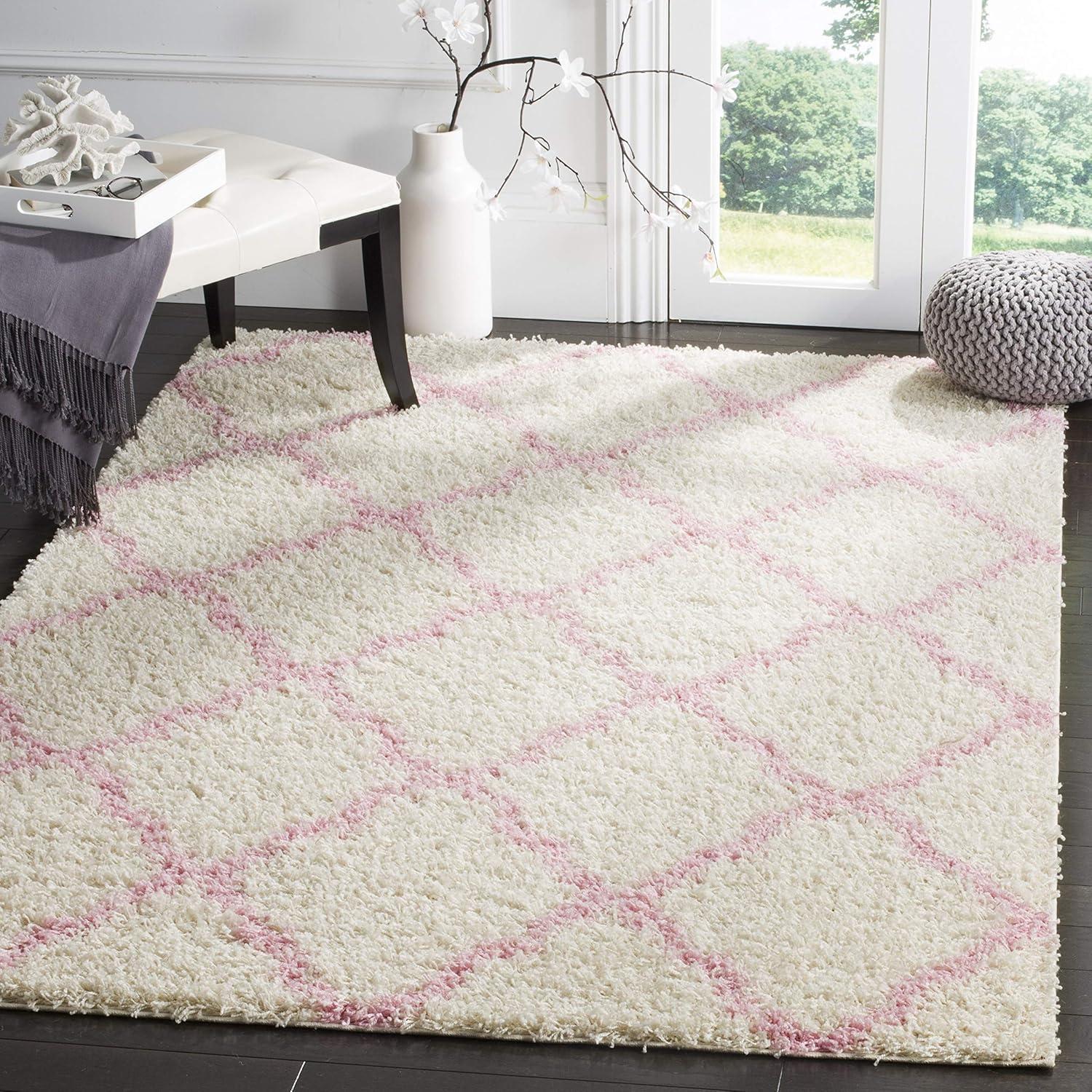 Ivory & Light Pink Luxurious Diamond Shag Rug 6' x 9'