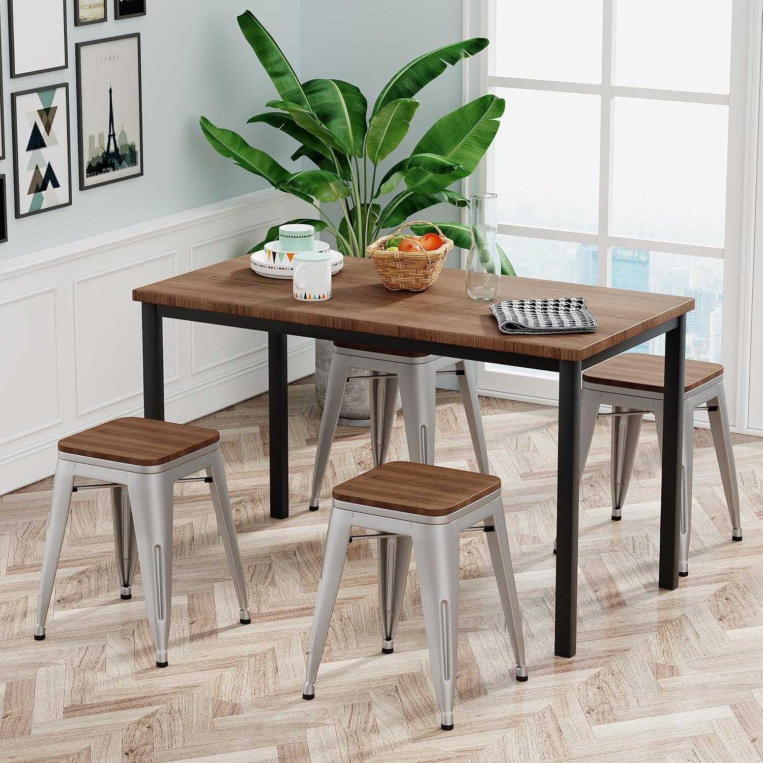 Flash Furniture 18" Backless Table Height Stool with Wooden Seat, Stackable Silver Metal Indoor Dining Stool, Commercial Grade - Set of 4