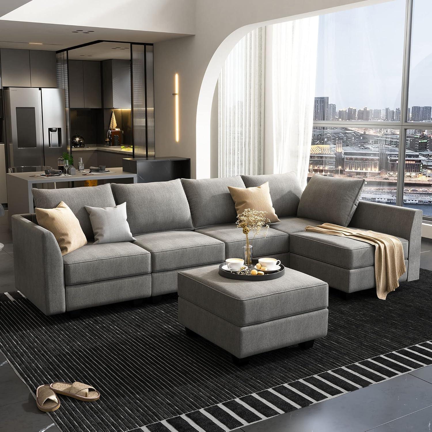HONBAY Convertible Sectional Couch with Reversible Chaise Modern L-Shape Sofa 4-Seat Couch Modular Sectional Sofa with Storage Seats, Grey