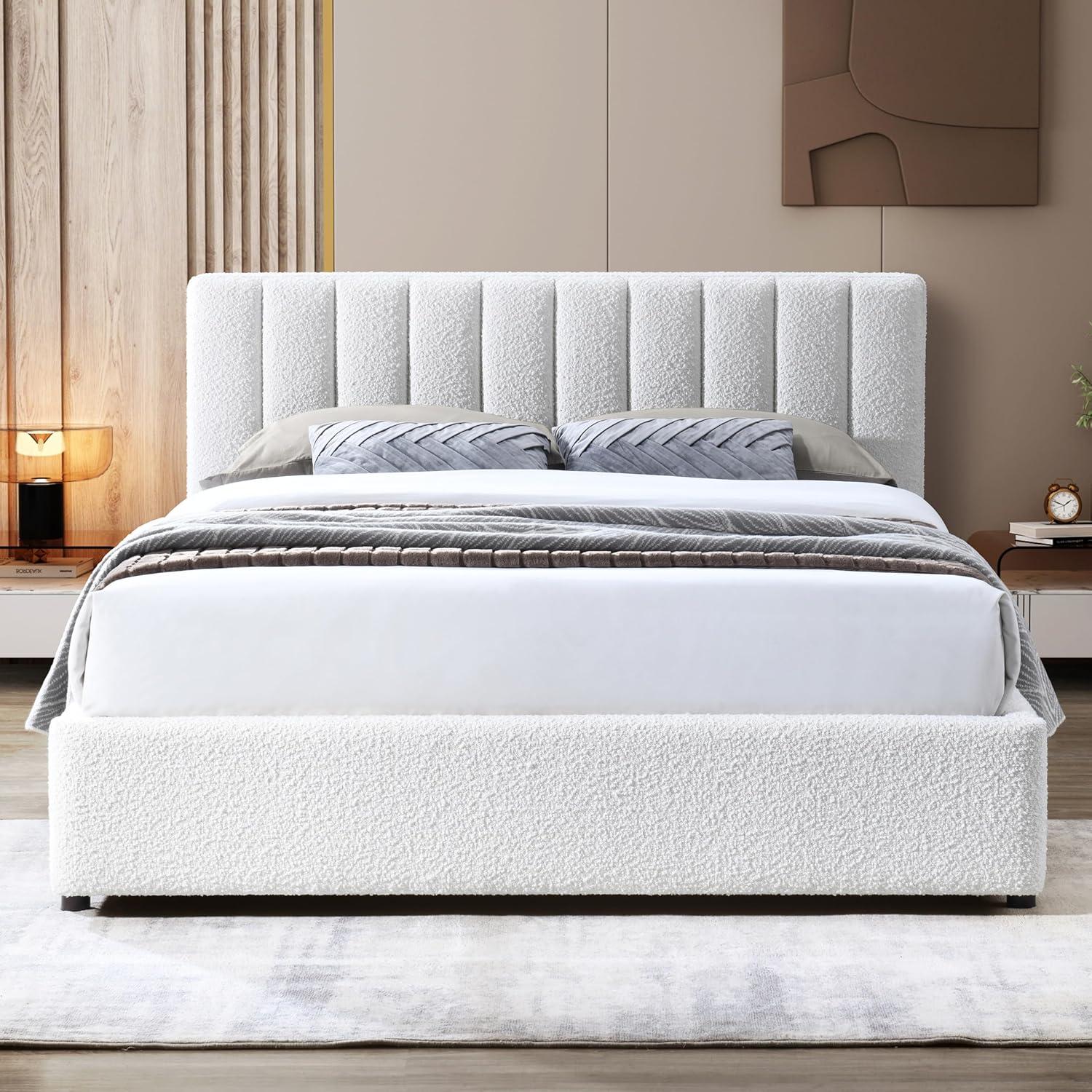 Omax Decor Jaxon Upholstered Platform Queen Bed in White Boucle Fabric
