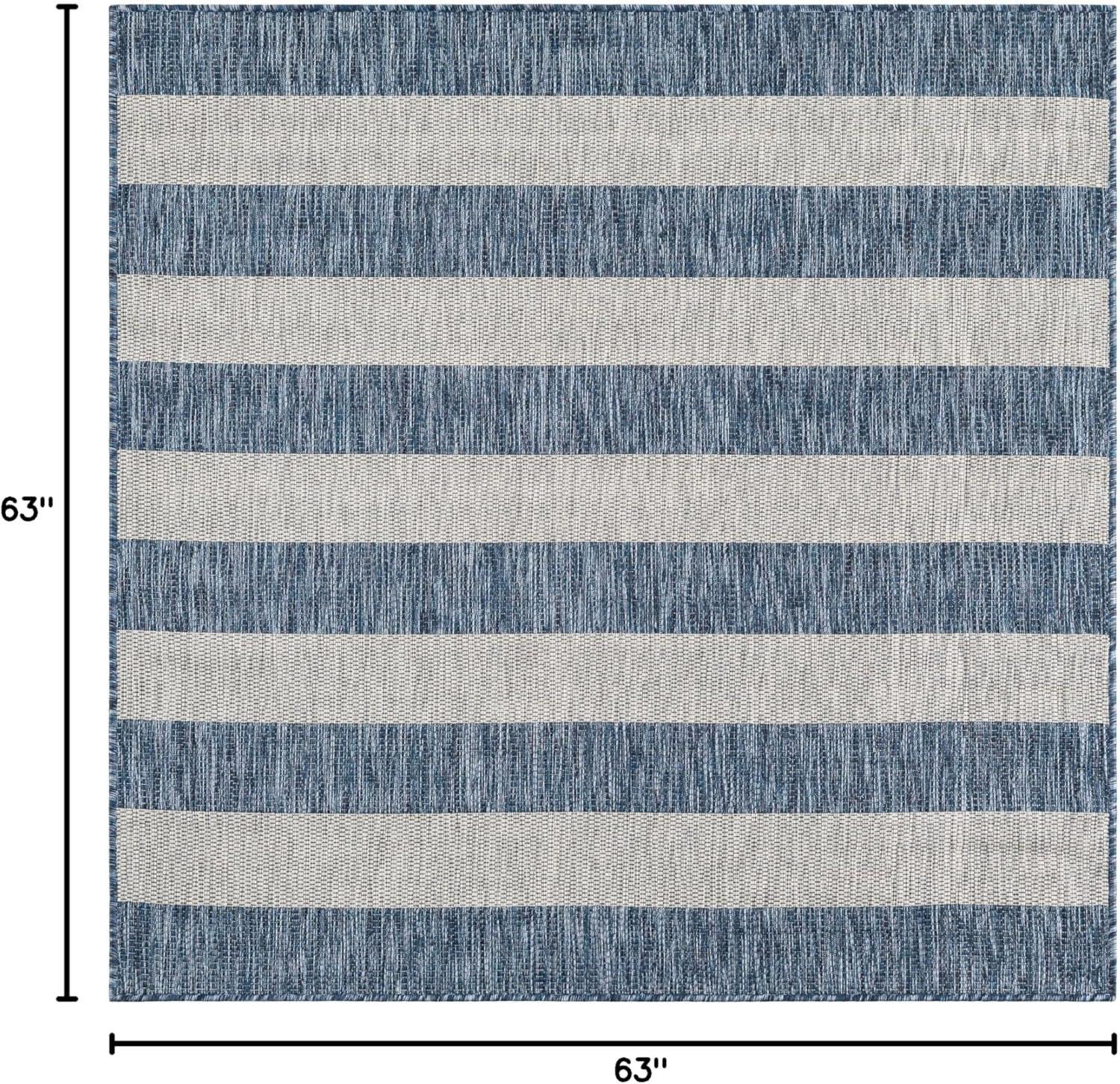 Blue and White Striped Square Outdoor Area Rug