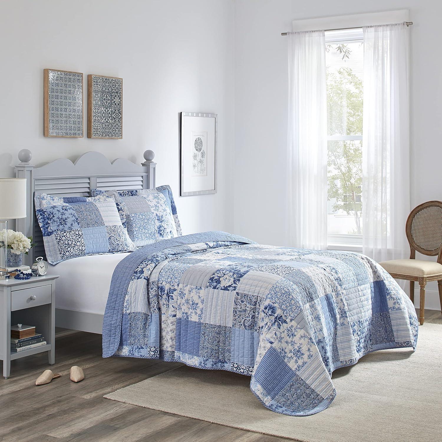 Laura Ashley Laura Ashley Paisley Patchwork Cotton Reversible Blue Quilt Set