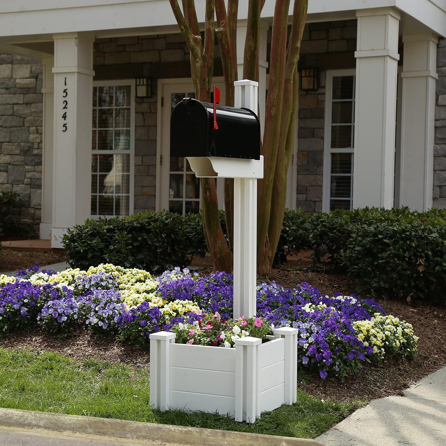 White Vinyl Mailbox Post with Planter Box and Newspaper Holder