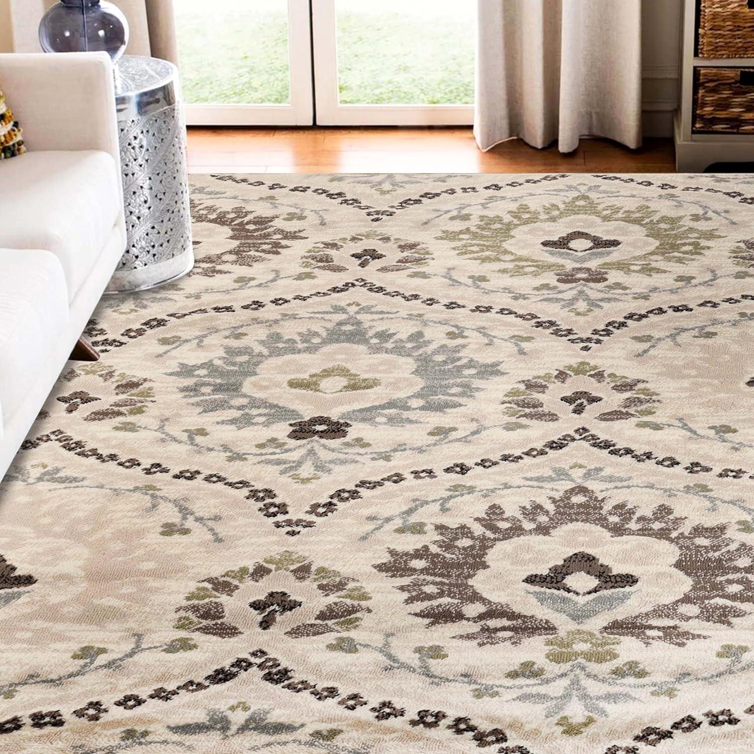Superior Oriental Vintage Floral Damask Power-loom Indoor Area Rug, 8'x10', Beige-Brown