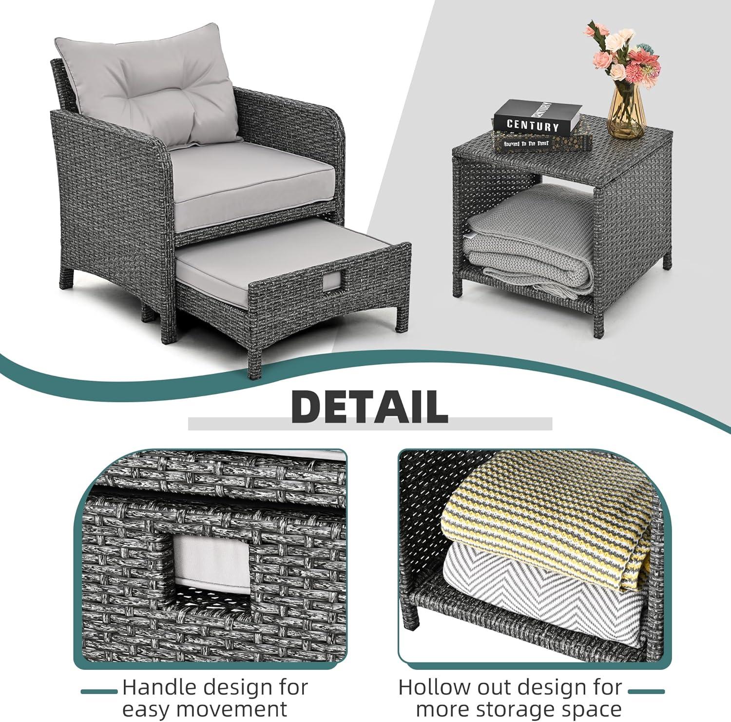 Pamapic 5 Pieces Outdoor Patio Wicker Chairs Set with Ottoman Outside Conversation Furniture Set with Cushions and Coffee for Balcony Porch Lawn Garden Table(Grey Cushion+Light Grey Rattan)
