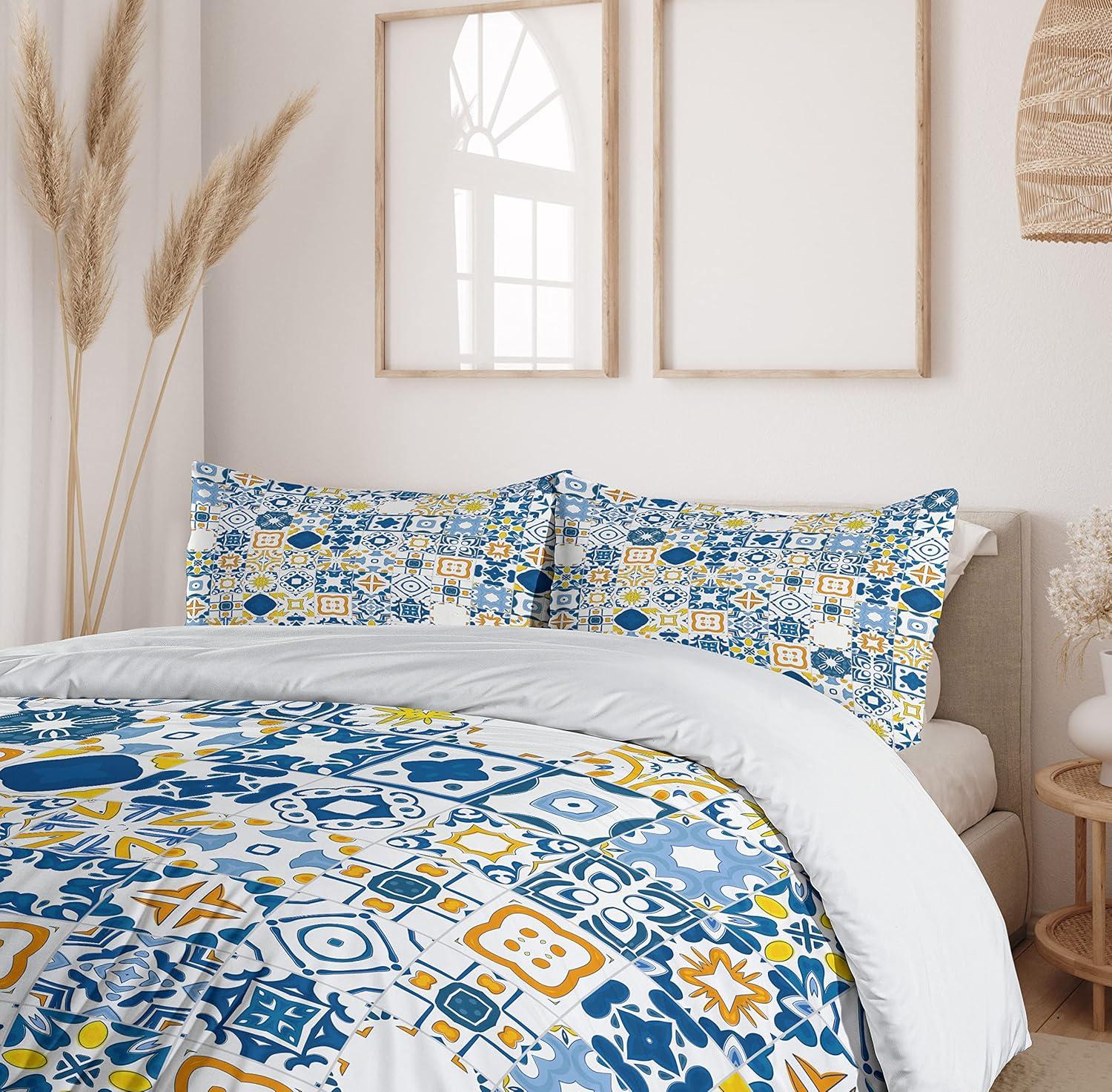 Ambesonne Mosaic Portuguese Azulejo with Mediterranean Arabesque Effect Print Duvet Cover Set