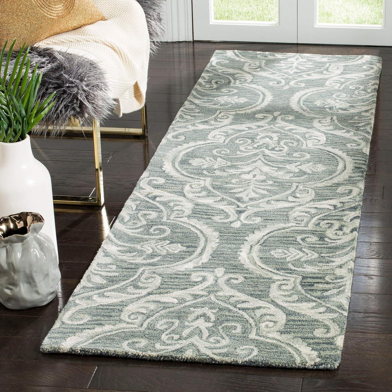 Handmade Floral Blue Sage Wool Runner Rug - 2'3" x 8'