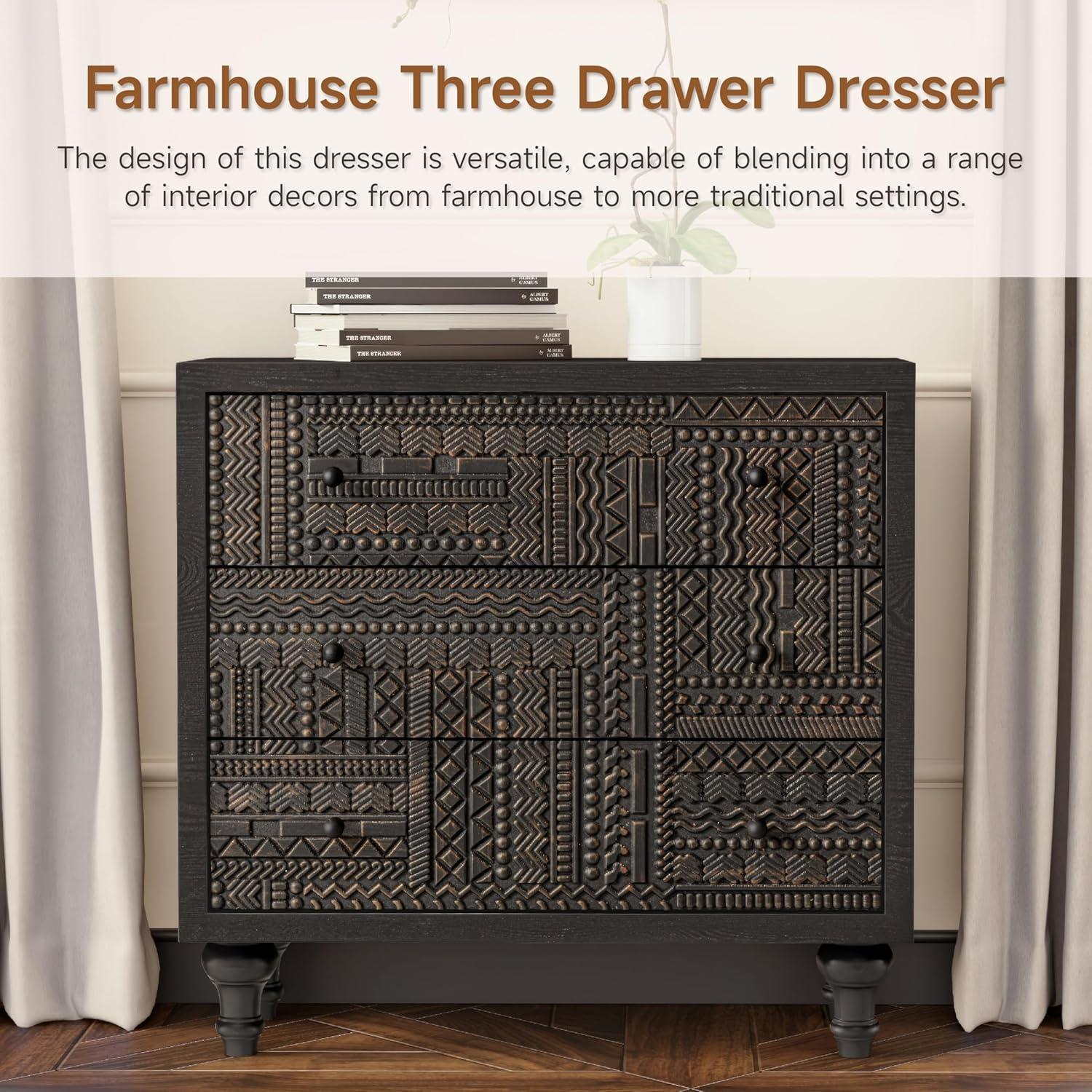 COZAYH 3 Drawer Farmhouse Dresser with Geometric Carved Pattern, Vintage Accent Wood Storage Chest Nightstand for Living Room, Bedroom, Boho, Mid-Century Modern, Black, Fully Assembled