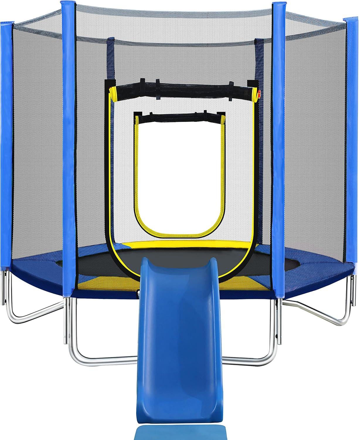 7FT Trampoline for Kids with Removable Slide, Ladder, Roller Door and Soft Pad, Outdoor Recreational Trampoline with Steel Frame and 36 Premium Springs, Max Load 220 lbs, Blue