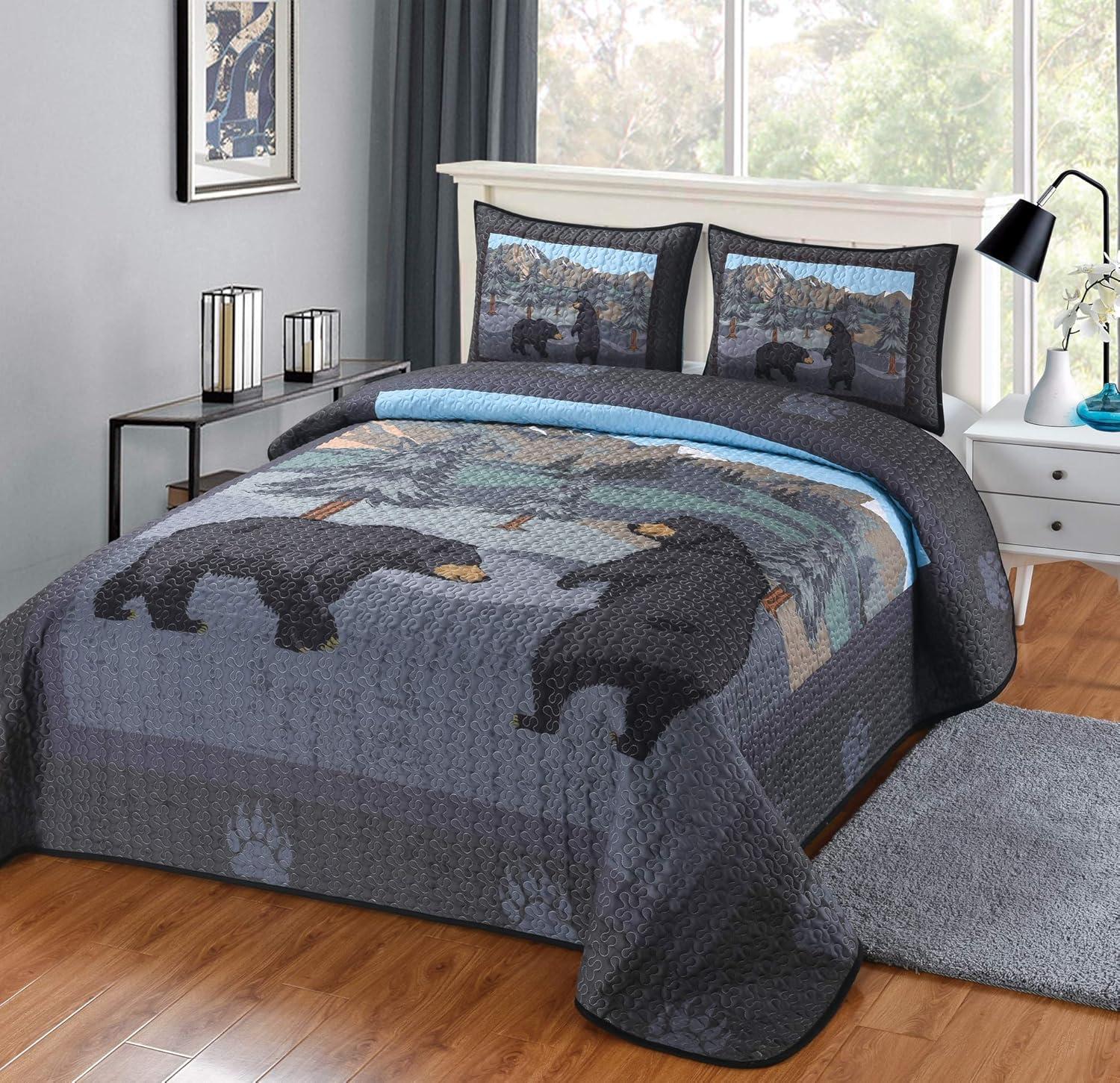 De Leon Collections What Up Bears Whimsical Black Bear Woodland Forest Mountain Themed Decorative Quilt Bedding Set