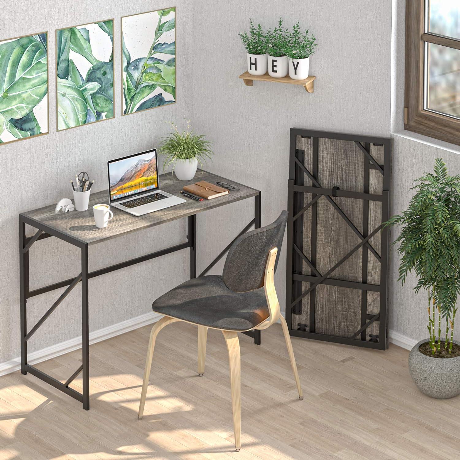 Black Oak Foldable Rectangular Computer Desk with Steel Frame