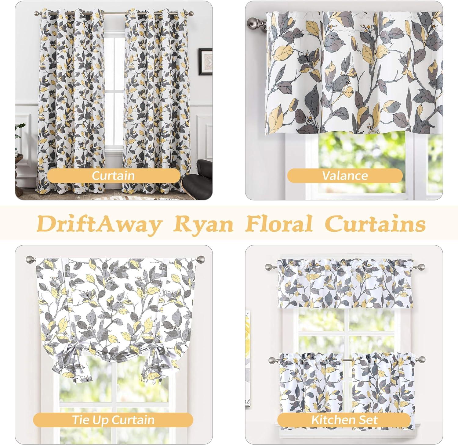 DriftAway Ryan Floral Leaves Blackout Window Curtain Valance Rod Pocket Yellow Gray 52"Wx24"L+2" Header