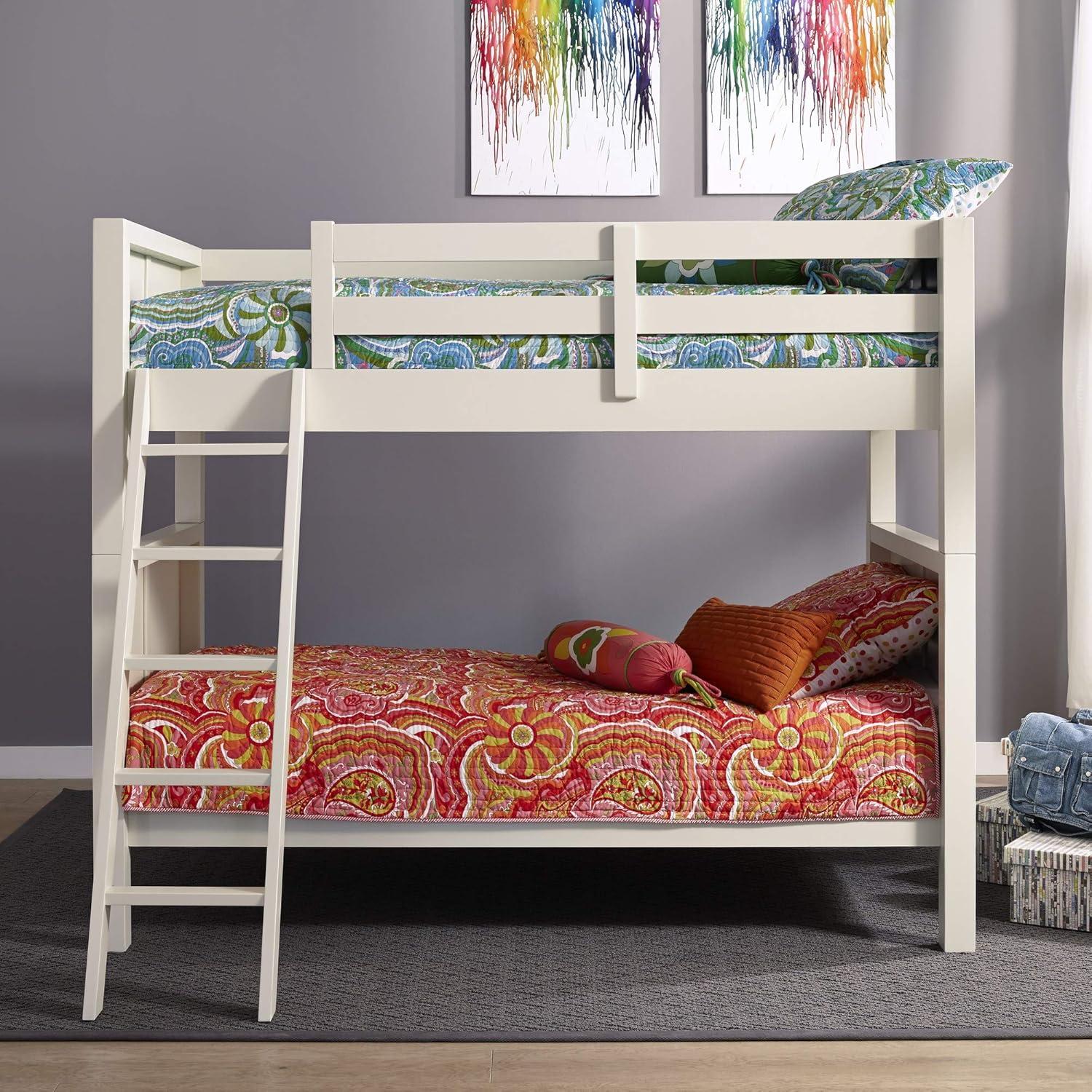 Off-White Twin Bunk Bed with Ladder and Headboard