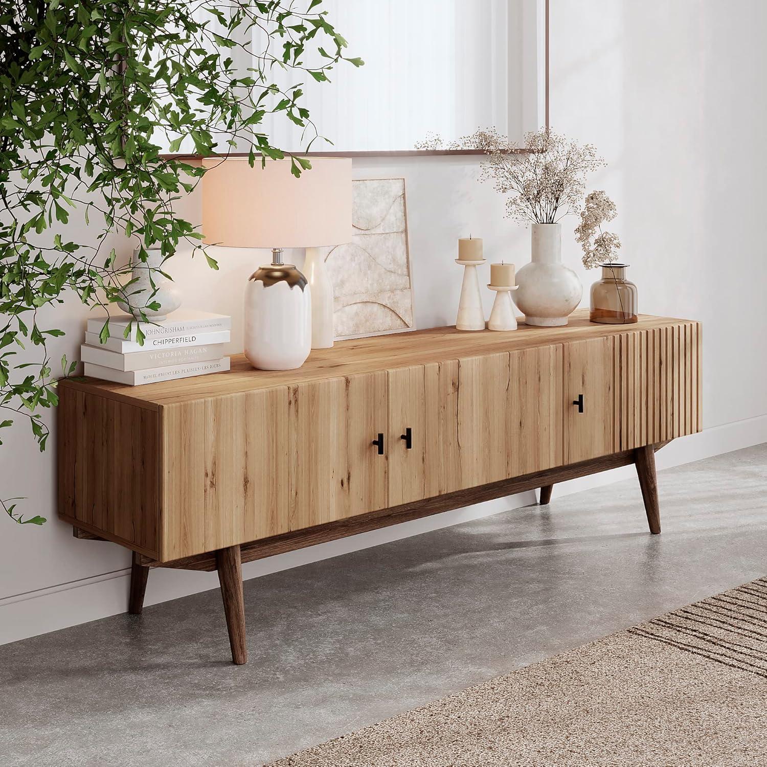 Living Skog  Chelsea Brown TV Stand Fits for TV's up to 65 in. with Slatted Design and Wood Legs light brown Matte Laminate