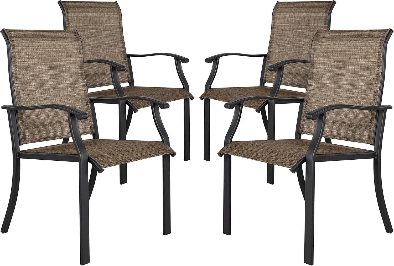 Black and Brown Steel Frame Outdoor Dining Chairs with Armrests