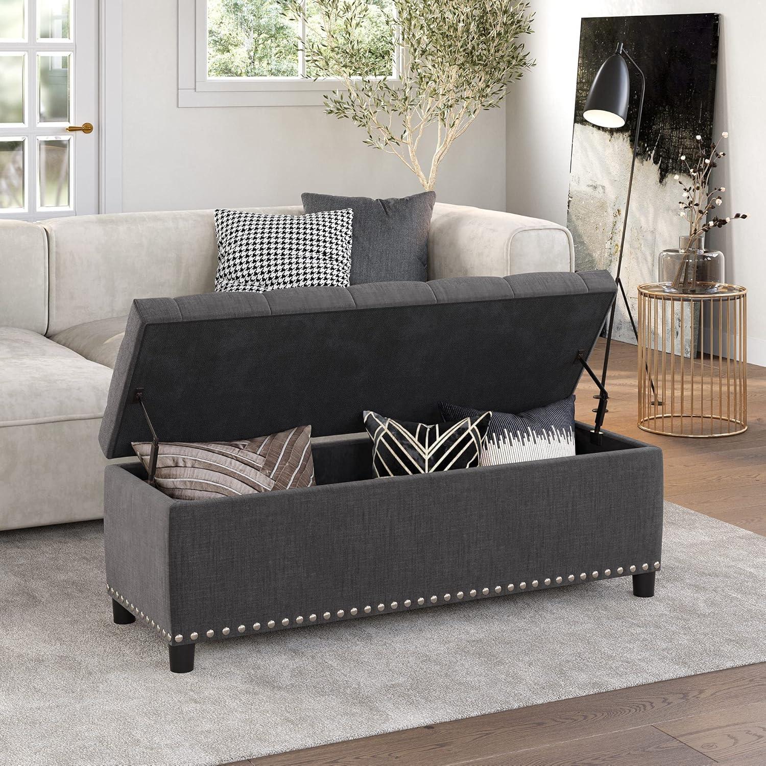 BELLEZE Button-Tufted Linen Storage Ottoman Bench - Brentwood (Dark Gray)