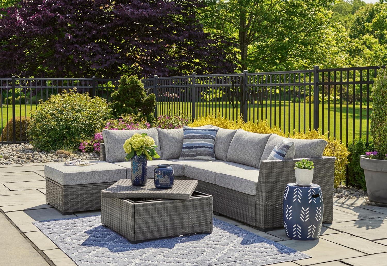 Ashley Furniture Petal Road Gray Outdoor Sectional/Ottoman/Table Set - Set of 4