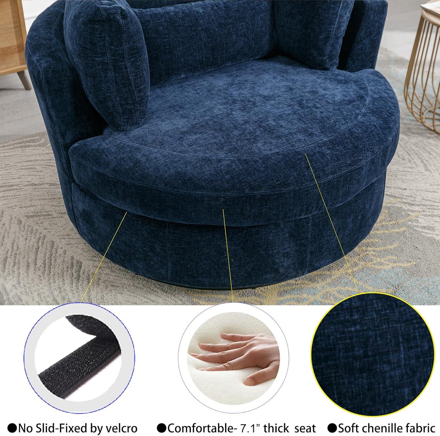 Navy Chenille Swivel Barrel Chair with Ottoman