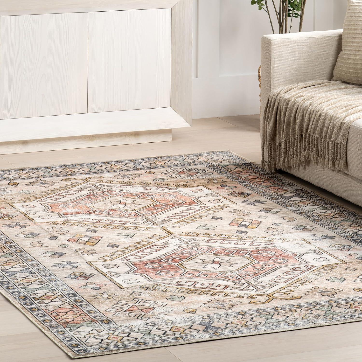 Peach Tribal Motif Easy-Care Rectangular Synthetic Rug, 2' x 3'