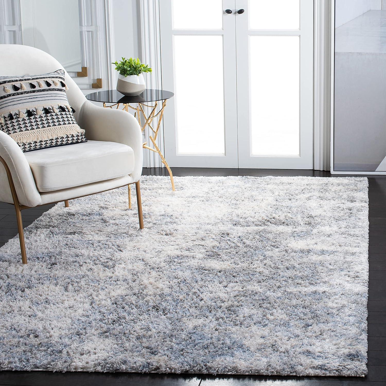 Ivory and Grey Synthetic Shag Square Area Rug