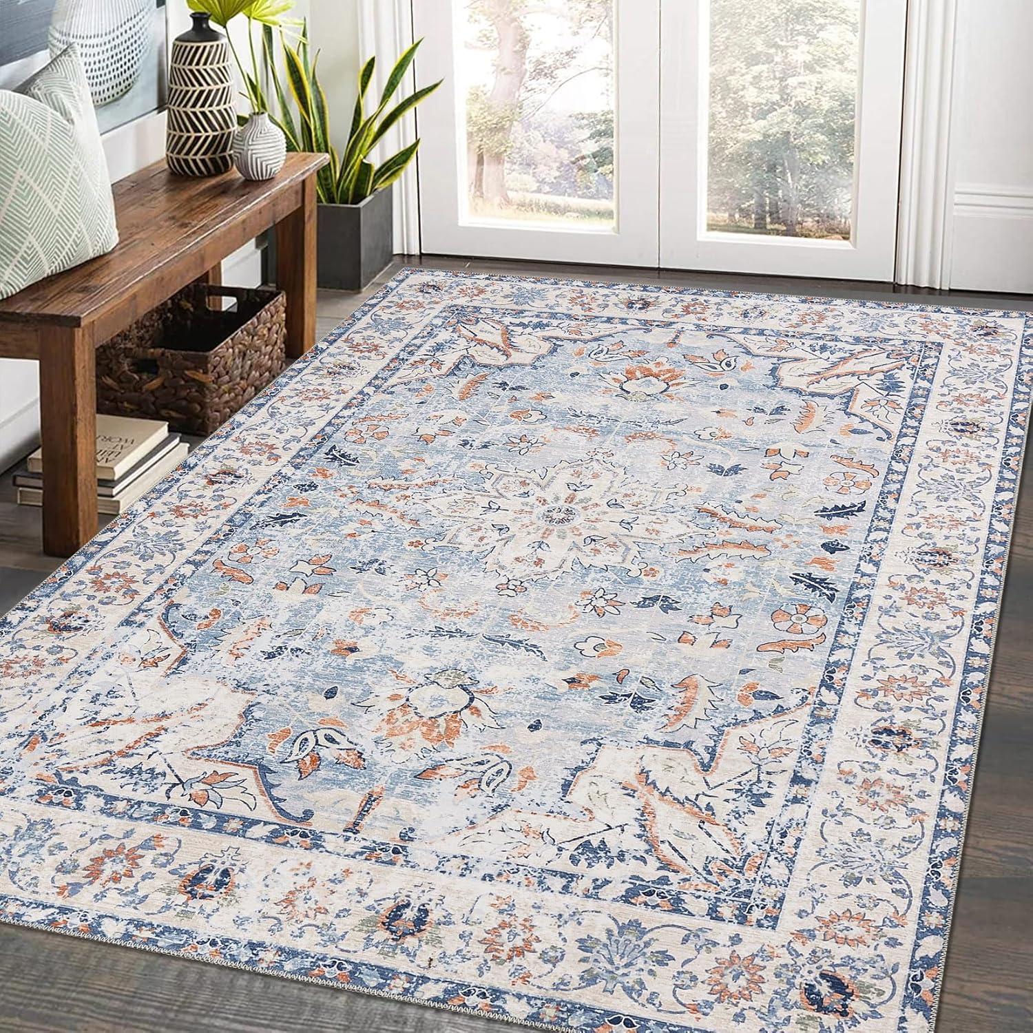 9x12 Area Rug Vintage Medallion Distressed Rug Machine Washable Area Rugs for Living Room Non-Slip Stain Resistant Accent Rug, Blue