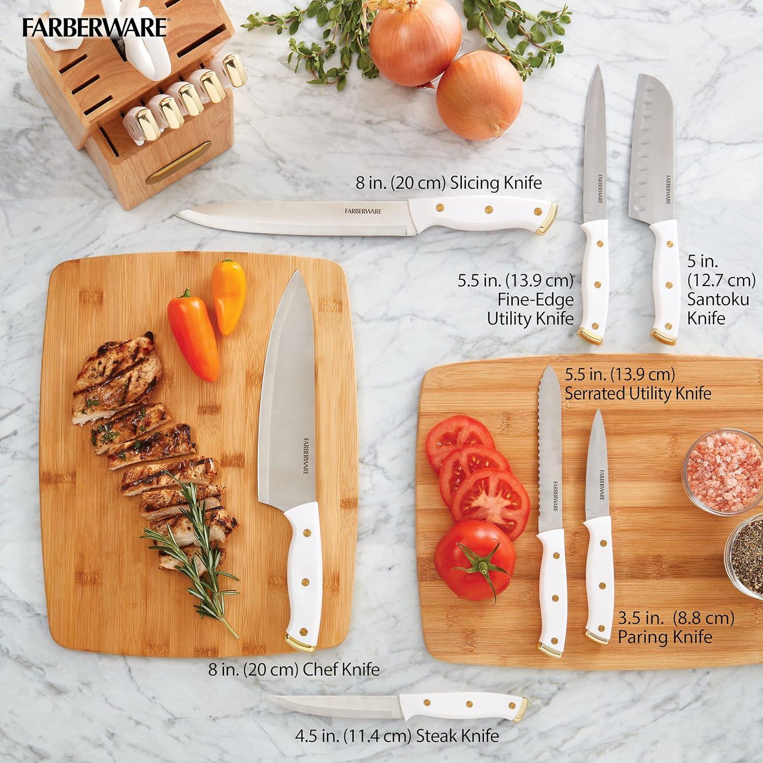 15-Piece White and Gold Stainless Steel Knife Set with Wood Block