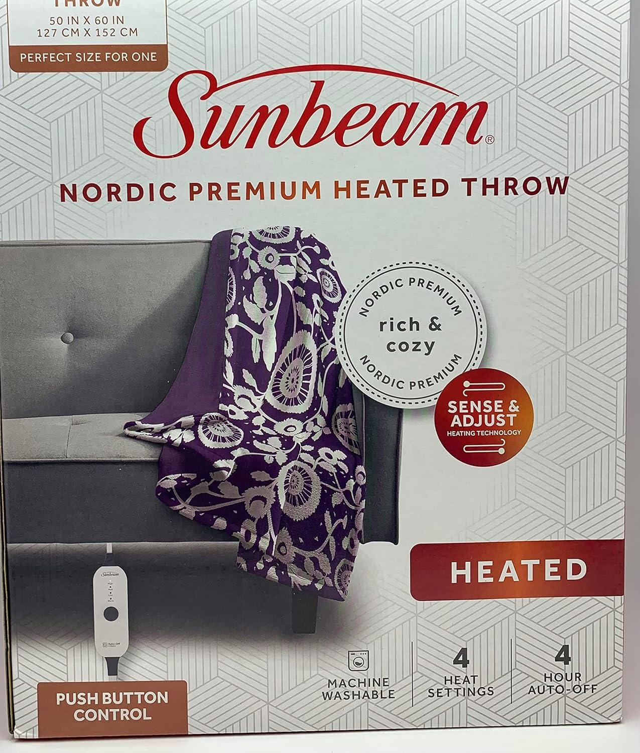 Sunbeam Nordic Premium Electric Heated Throw Blanket with 4 Heat Settings Controller, 4-Hour Auto Shut-Off, Overheat Protection UL Certified (50" x 60") (Purple Floral)