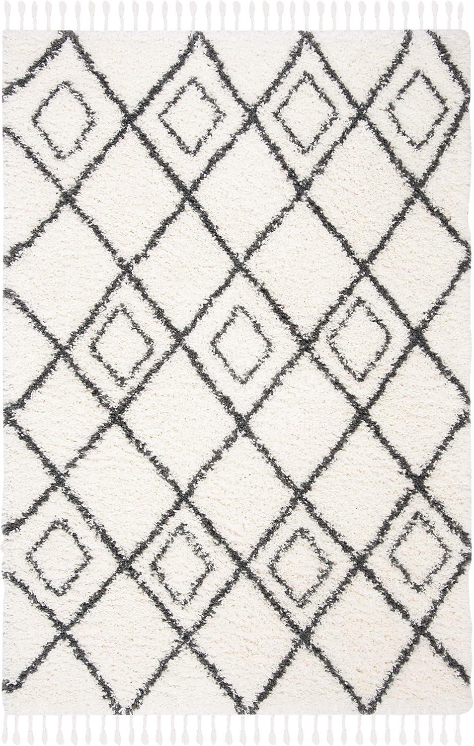 SAFAVIEH Moroccan Tassel Shag Comhgham Geometric Area Rug, Ivory/Dark Grey, 5'3" x 7'6"