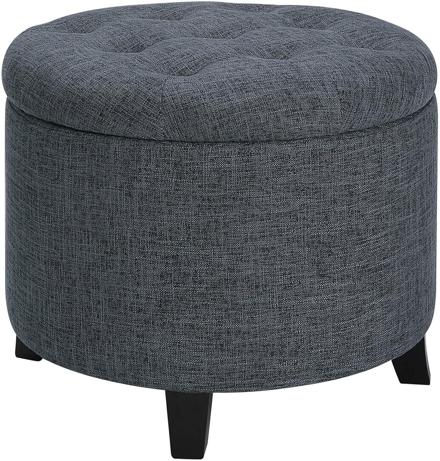 Stormy Gray Tufted Round Storage Ottoman with Dense Foam Cushion