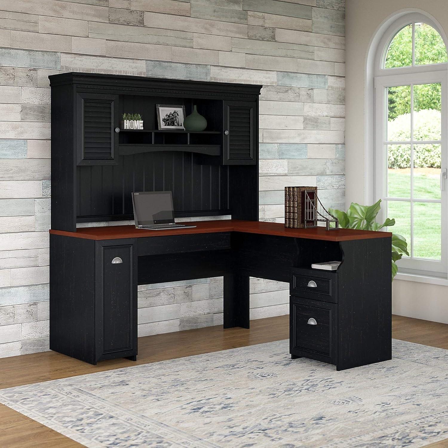 Bush Furniture Fairview L Shaped Desk with Hutch, Antique Black
