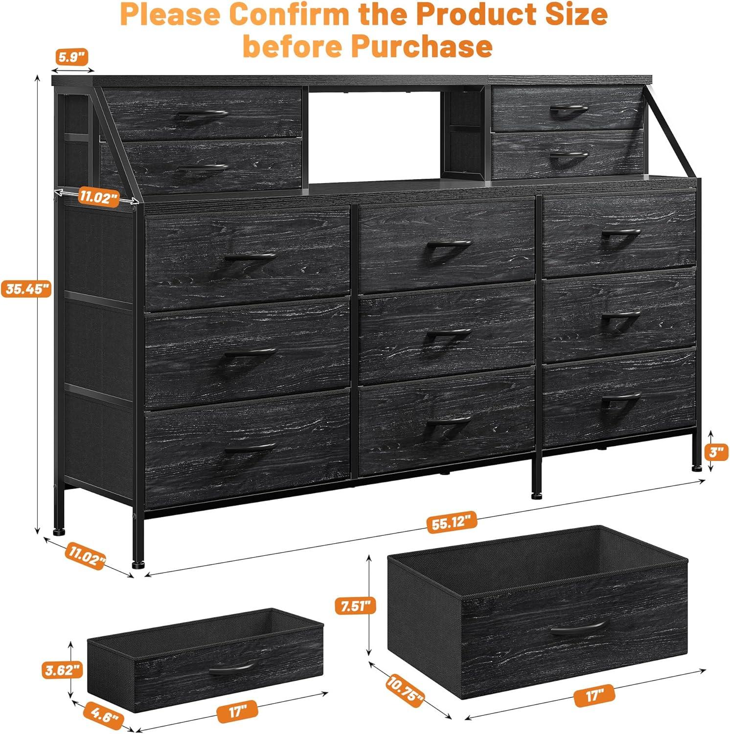 EnHomee 55"W Dresser for Bedroom Black Fabric Dresser with 13 Drawers Long Dressers & Chests of Drawers for , Living Room,Entryway