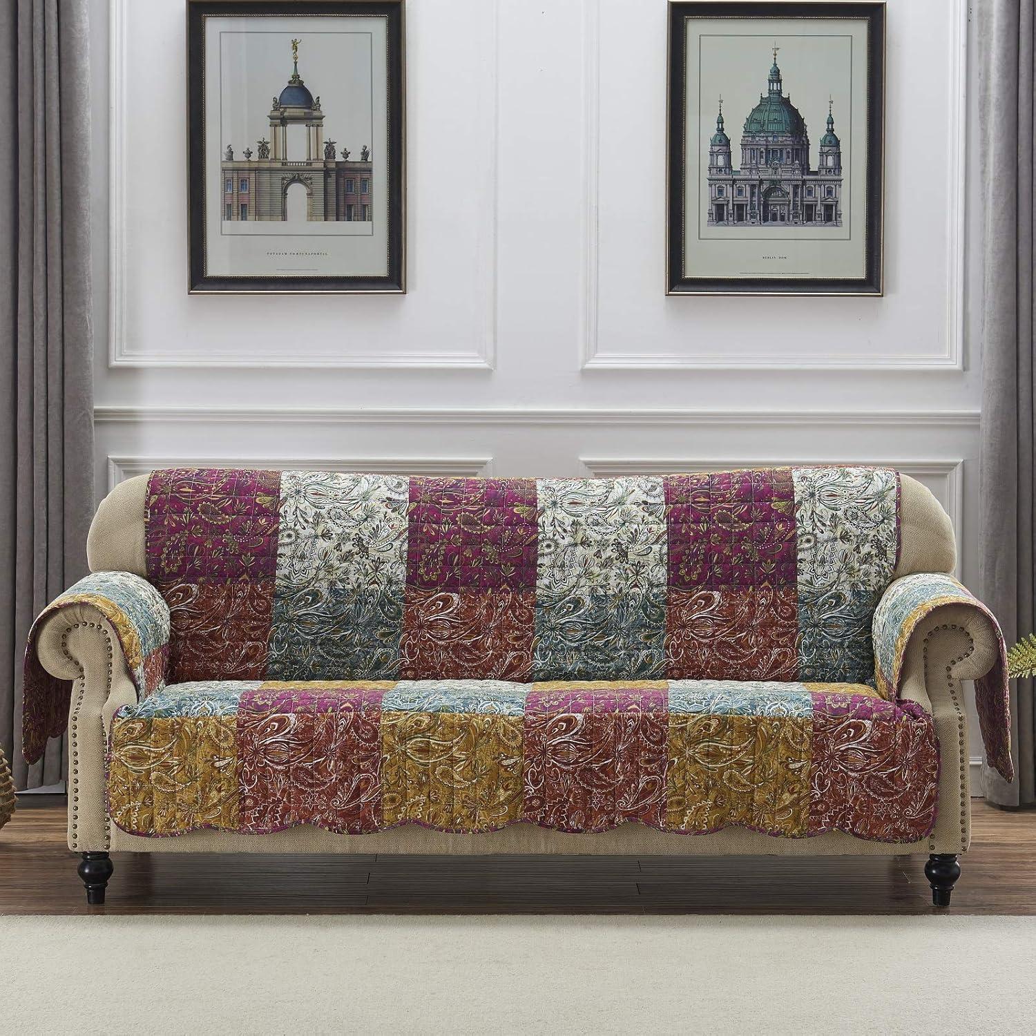 Reversible Paisley Slumber Sofa Furniture Protector Slipcover Purple - Greenland Home Fashions: Elastic Strap, Machine Washable