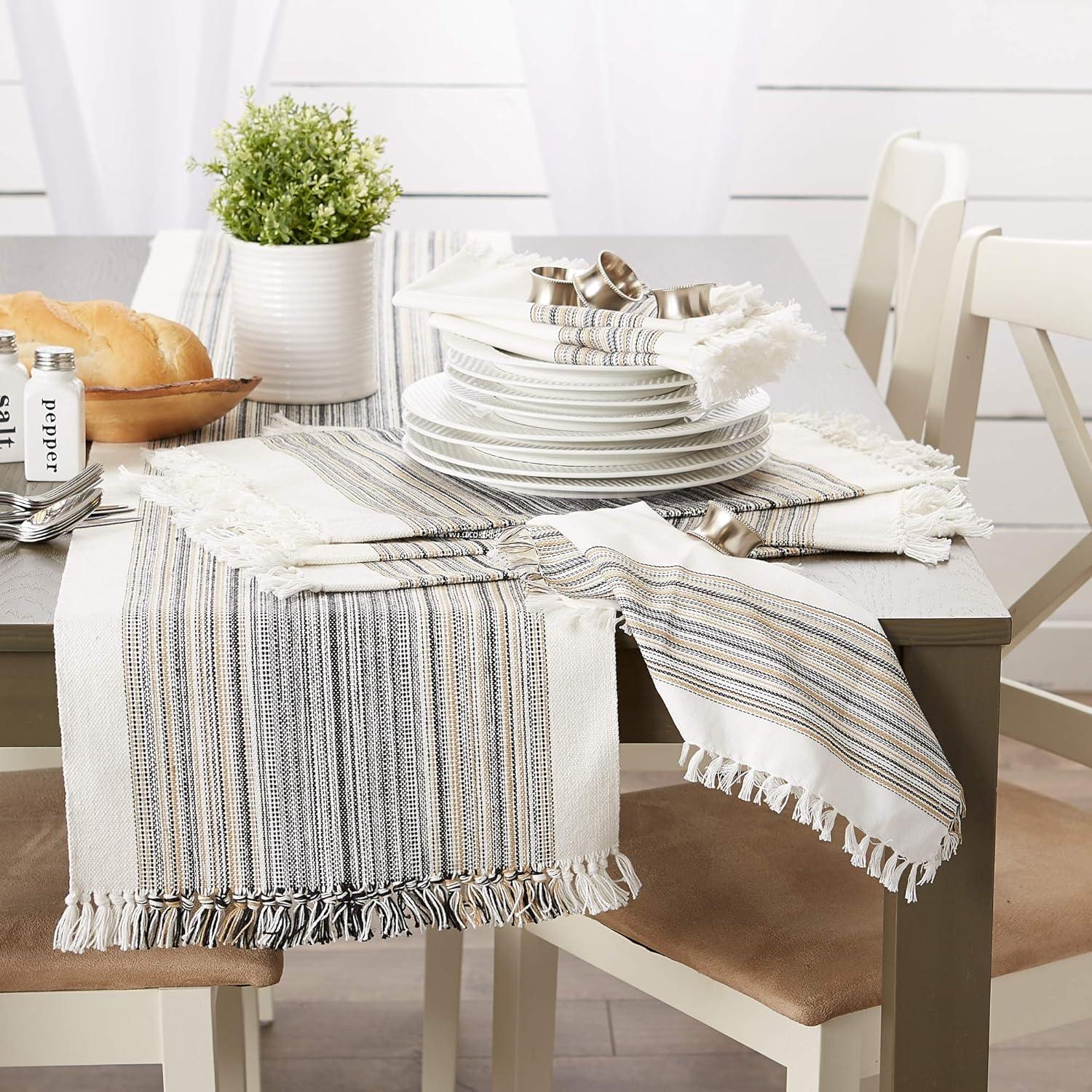 Design Imports  Black Striped Fringe Ribbed Table Runner 14X72