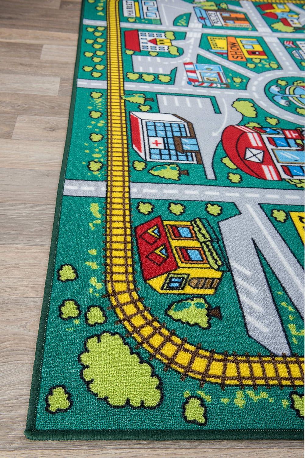 World Rug Gallery Kids Educational Learning City Life Road Non Slip Area Rug - Green 5' x 7'