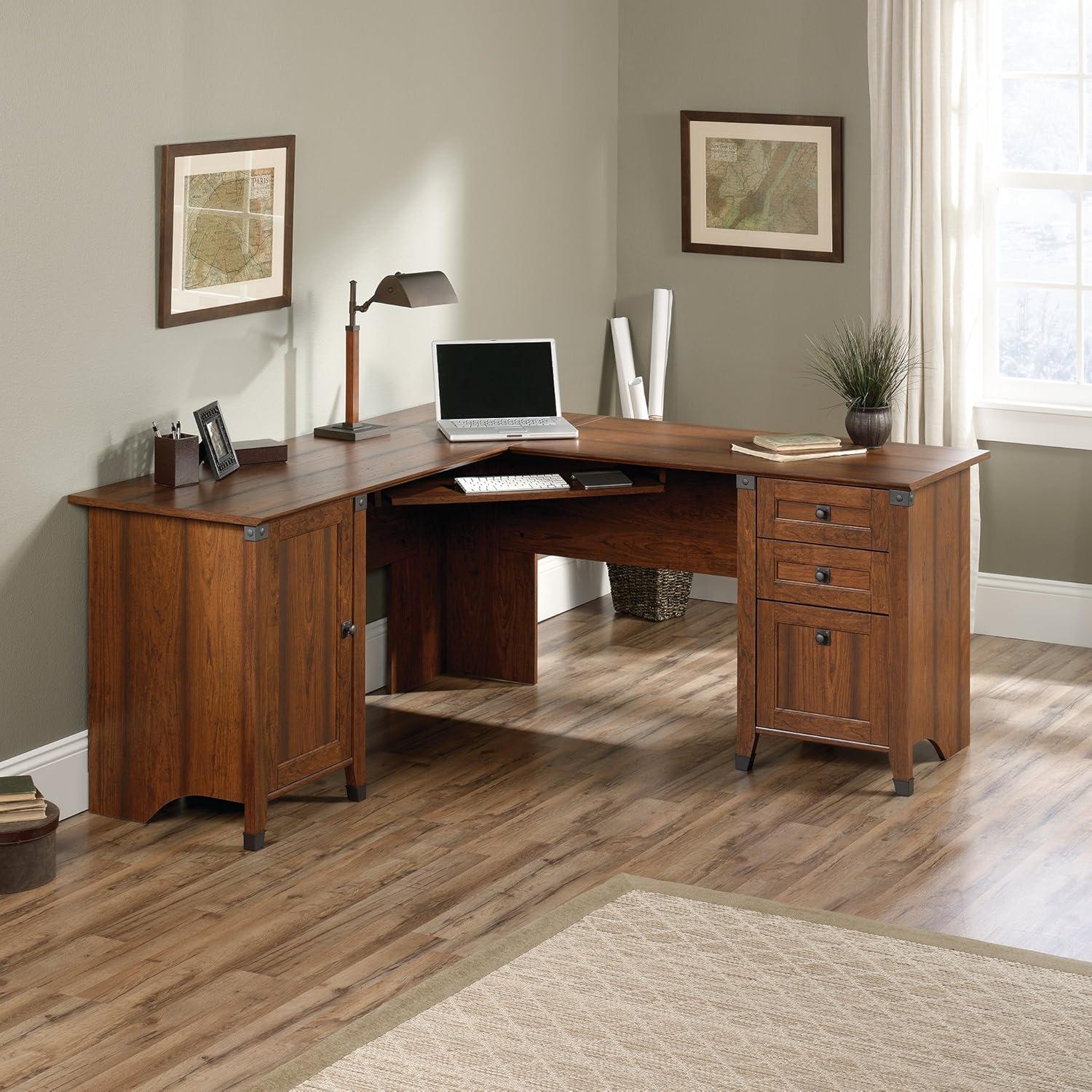 Washington Cherry Wood Corner Desk with Drawers and Keyboard Tray